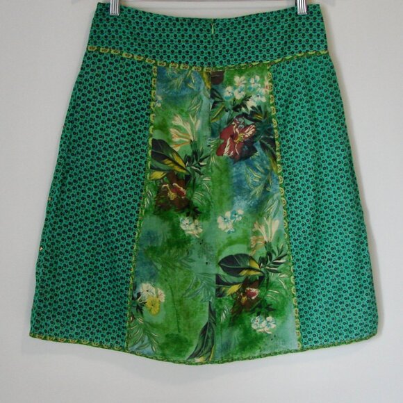 Green Floral Summer Midi Skirt Sequins Beads Cotton Made in France Size Medium - Picture 10 of 13